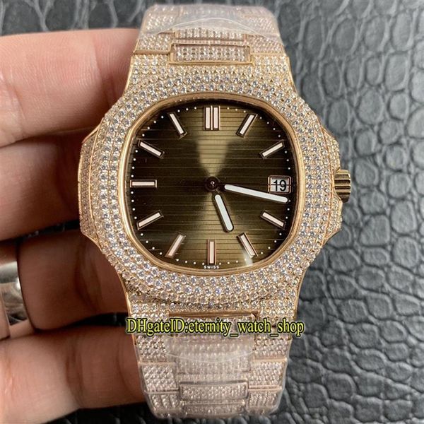 

v2 upgrade version 18k rose-gold diamond-inlay case 5711 1r-001 brown diamonds dial cal 324 s c automatic 5719 mens watch iced out251a, Slivery;brown