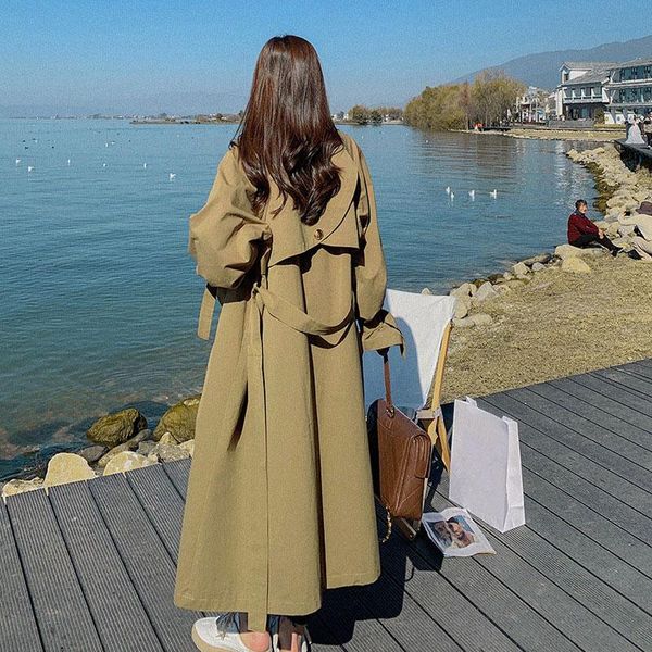 

raincoats 2021 autumn women trench coat classic casual loose belt coat women trench fashion chic double breasted long trench women outwear, Black