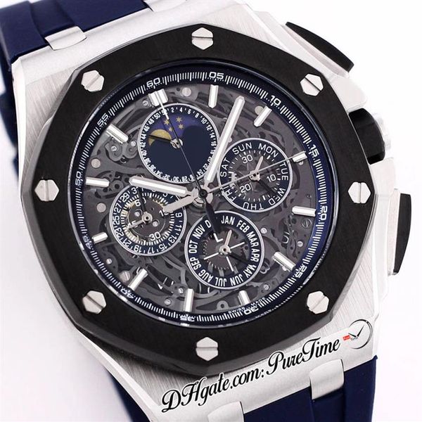 

43mm 26571 miyota quartz chronograph mens watch steel case black bezel blue inner skeleton dial stick markers rubber strap sat342o, Slivery;brown