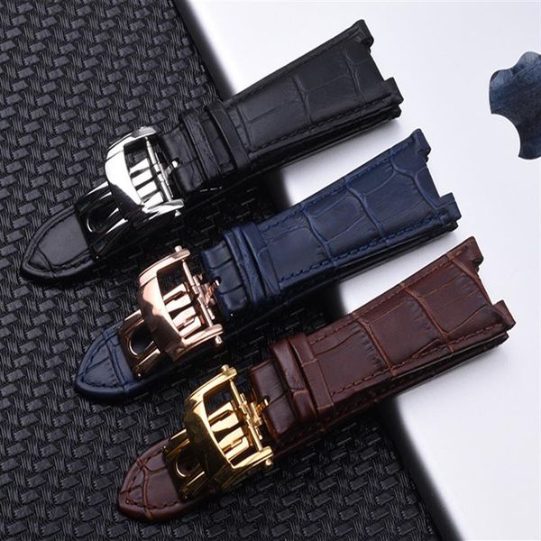 

25mm black waterproof genuine leather watch band strap fold buckle man watchband strap for pp watch nautilus219q, Black;brown