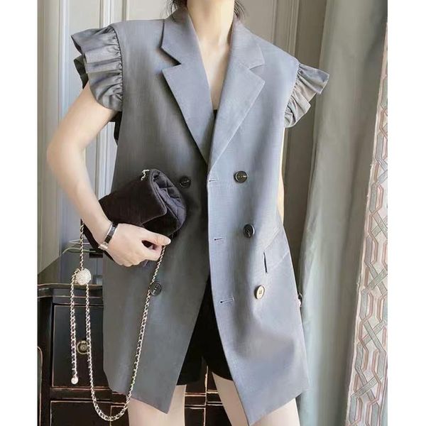 

vests office lady chic women vest 2021 spring autumn new solid button ruffles turndown collar loose wild vests, Black;white