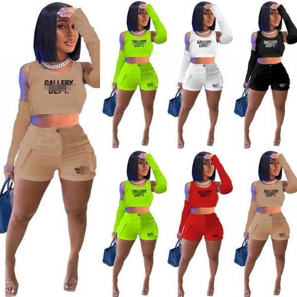 

designer women tracksuits 3 piece short set sunscreen sleeve letter print crop tank and shorts with pocket outfits, Gray
