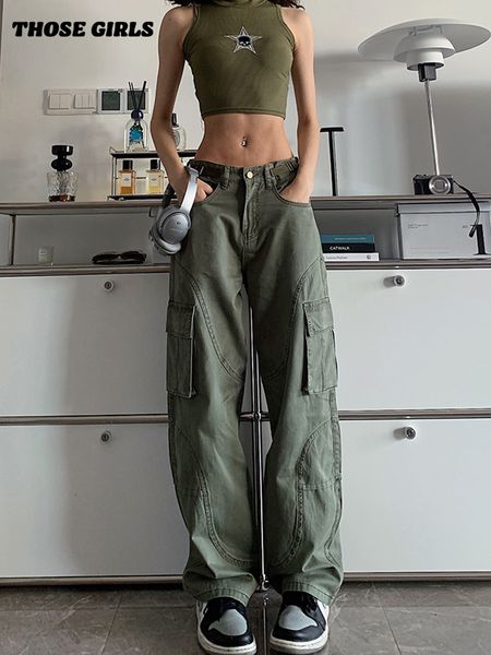 

women's pants capris green cargo pants for women straight overalls jeans high waist streetwear vintage casual ladies baggy wide leg tro, Black;white
