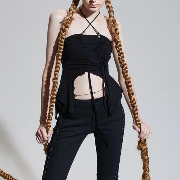 

t-shirt yangelo halter hollow out bodycon camisole women summer off shoulder backless tank solid color y2k girl fashion tshirt, White