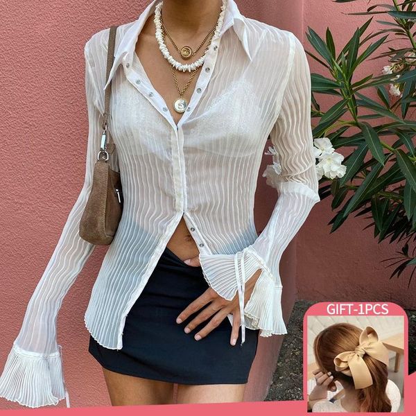

shirts vintage white folds cute y2k v neck slim shirts women elegant fashion flared sleeve button see through mesh girl tees