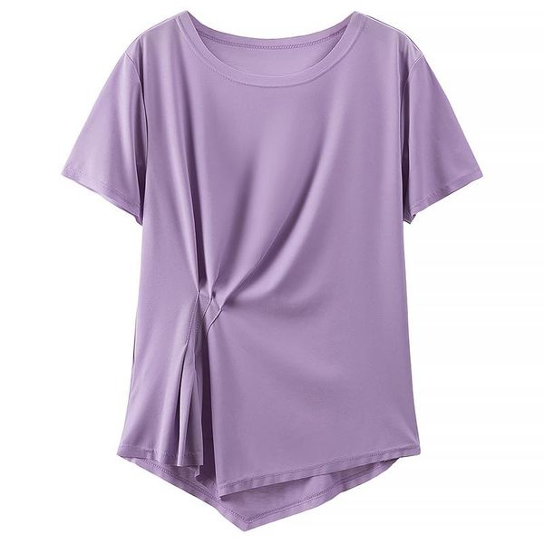 

t-shirt plus size women tshirt summer 2022 cotton lyocell knitting short sleeve tees solid color asymmetrical length fold, Black