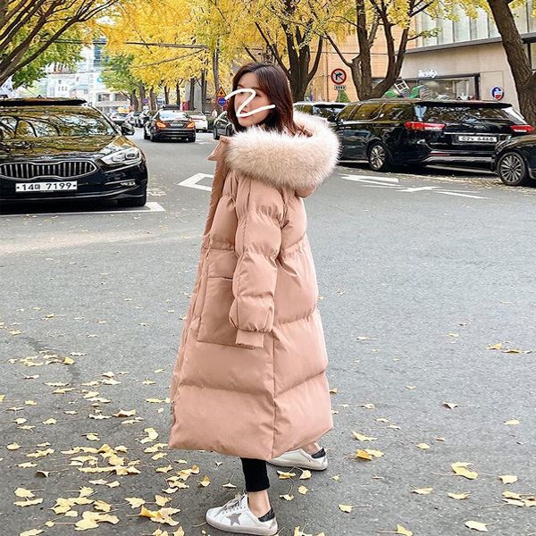 

leather winter coat new korean version of loose women's waist thin and long kneelength down padded coat female padded jacket, Black