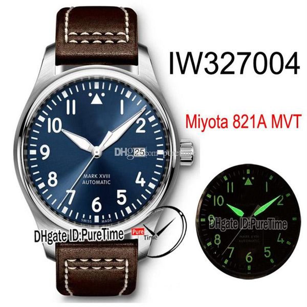 

new mark xviii petit prince miyota 821a automatic mens watch iw327004 steel case blue dial white number markers brown leathe puret305n, Slivery;brown