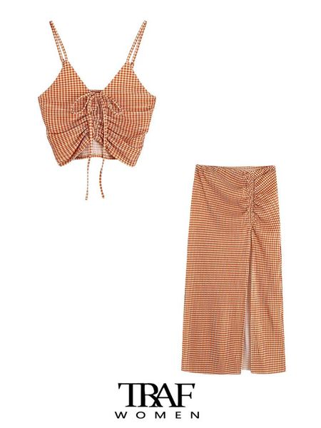 

t-shirt traf women fashion with drawstrings gingham crop tank vintage backless thin straps female camis mujer, White