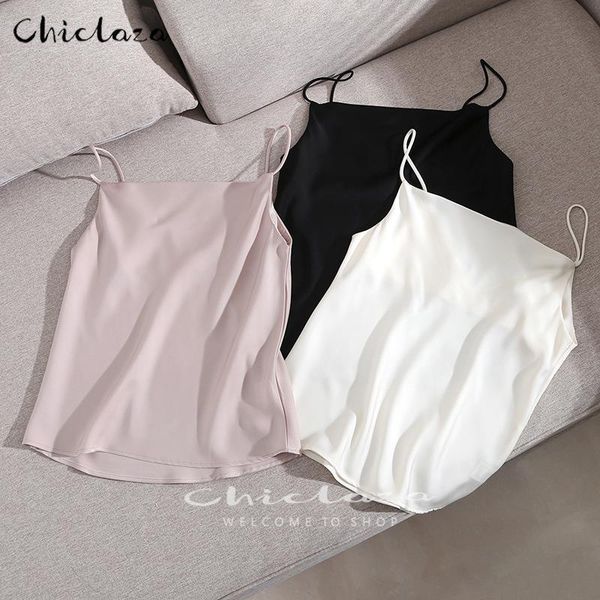 

t-shirt chiclaza 2022 summer female satin drape sleeveless backless design suspenders vest woman solid allmatch simple casual tank, White
