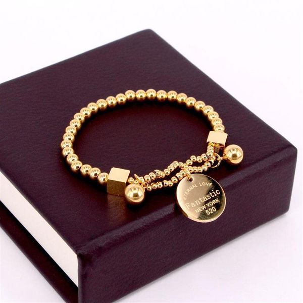 

link chain stainless steel ball beads bracelet for women circle tag charm stretch strand fantastic eternal love york 2346, Black