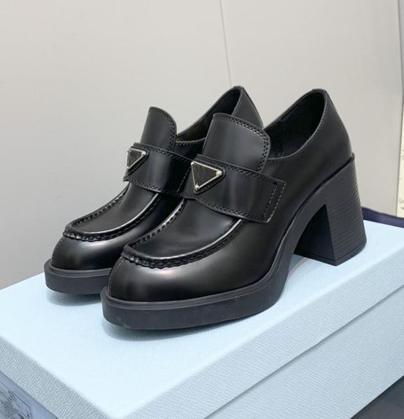 

designer women's high heels loafers shoes triangle lacing and buckle casual ladies work high-heeled black thick platform leather thick