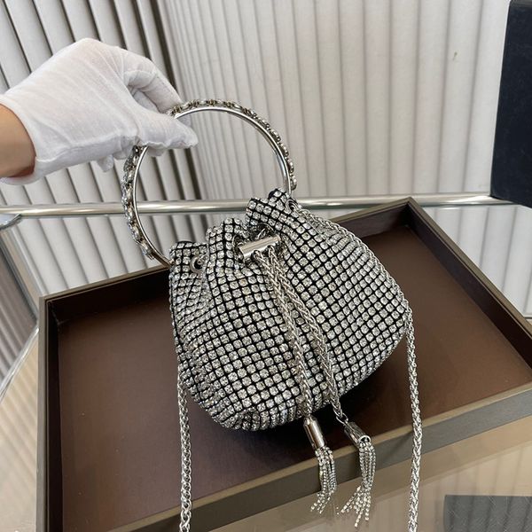 

womens alexander blingbling drawstring bucket bags shimmer round handle totes silver metal chain crossbody shoulder evening party designer h