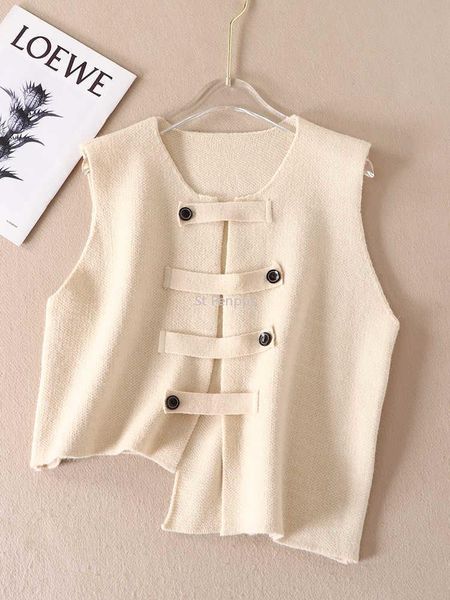 

vests japanese vest female western style irregular button knitted autumn folded sleeveless low round neck waistcoat cardigan top, Black;white
