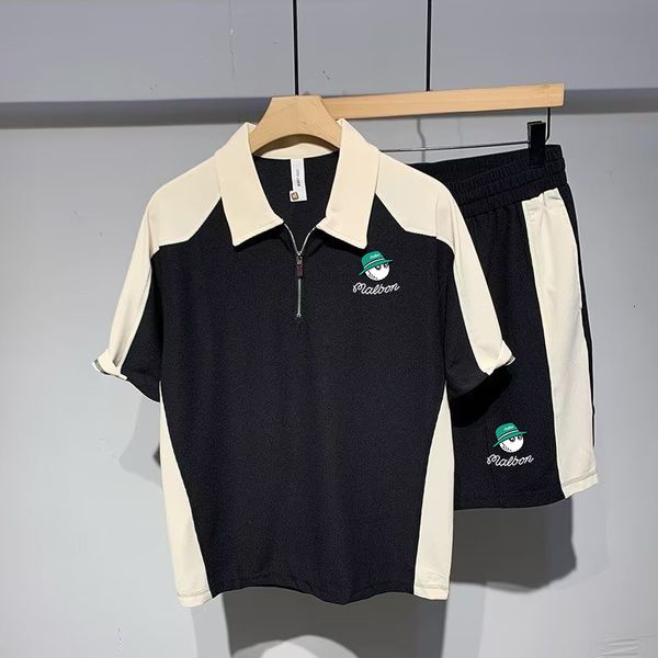 

men's tracksuits golf color blocking trend loose thin polo shirt shorts twopiece summer casual suit tidal breathable sports 230421, Gray