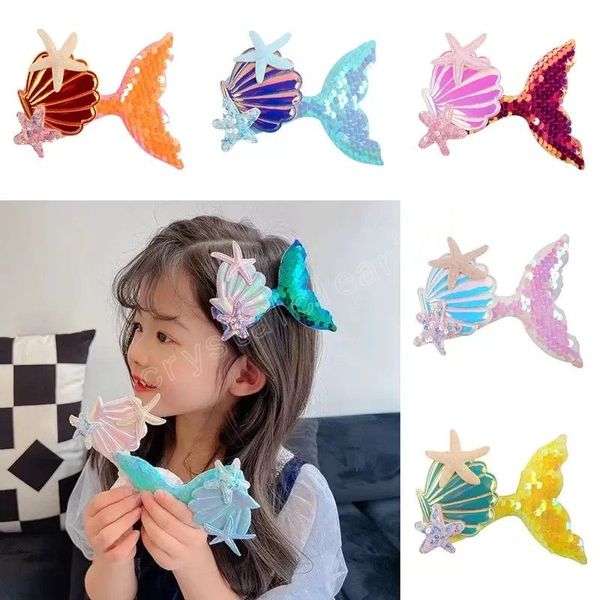 

5 inch baby hair clip mermaid accessories with starfish shell little girls barrette sequins cute for party, Slivery;white