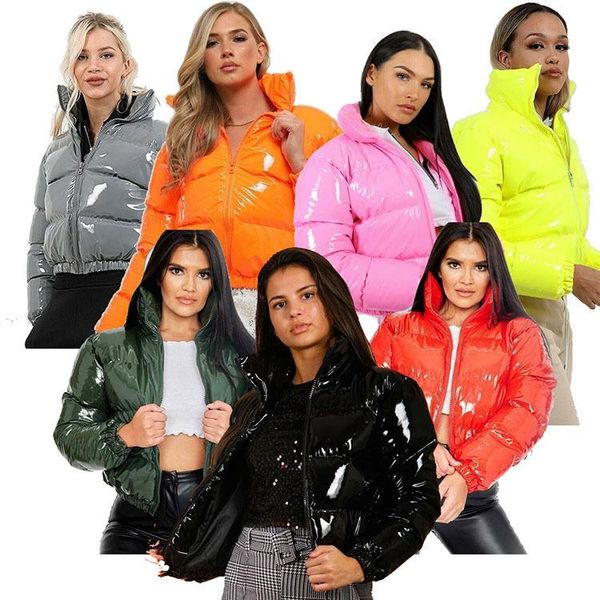 

leather echoine autumn winter women high collar long sleeve glossy zipper short thick coat personality street fashion jackets parkas, Black