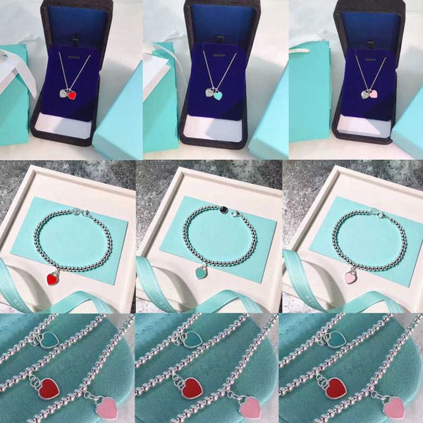 

high version t tiffay high edition 925cnc enamel heart necklace bracelet blue pink double pendant collarbone chain, Golden;silver
