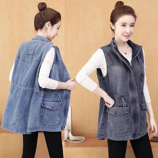 

vests #3318 grey blue denim vest women with hooded casual loose vest coat sleeveless jacket with hooded waistcoat female spring autumn, Black;white