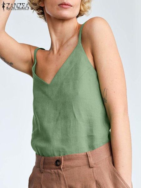 

t-shirt zanzea women elegant v neck spaghetti strap camis summer tank solid party beach casual loose cotton sleeveless blouse, White