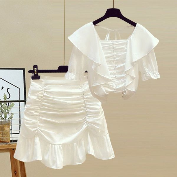 

skirts large size women's summer suit 2023 shirt slim high waist fishtail hip skirt twopiece set 230420, Black