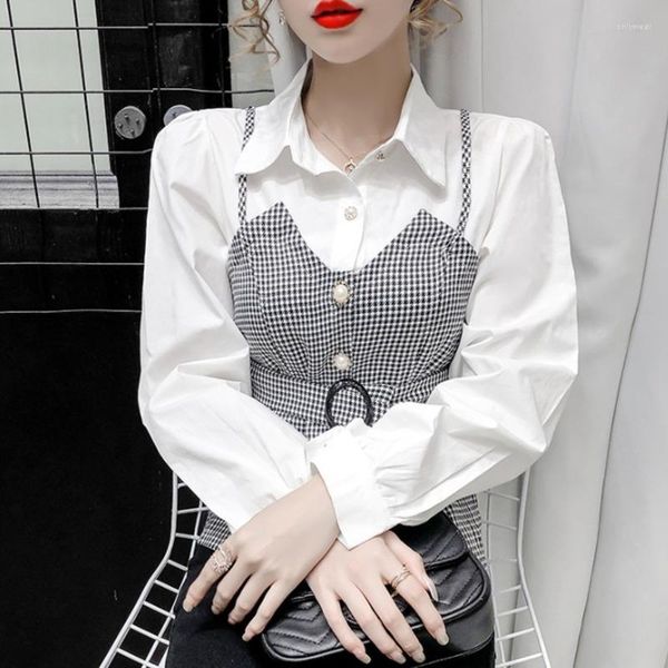 

Women' Blouses #1967 Korean Style False Two Piece Shirts Women With Belt Spring Casual Long Sleeve Slim Vintage Shirt Lapel Collar, Khaki