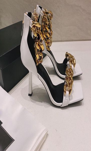

21ss luxury genuine leather chain 85cm high heeled sandals gladiator women fine heel fashion party woman 5667758, Black