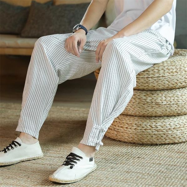 

pants new summer men thin striped harem pants breathable cotton linen pencil pants buckle casual large size bloomers fashion trousers, Black