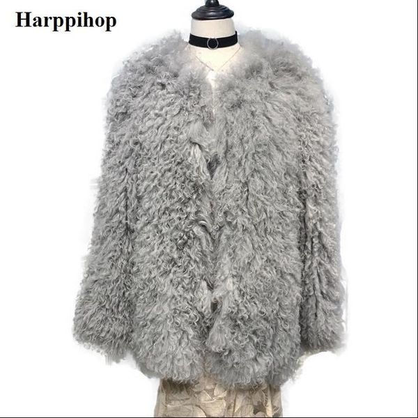 

fur natural real lamb sheep coat knitted mongolian sheep fur coat jacket overcoat russian women's winter warm fur coat longer style, Black