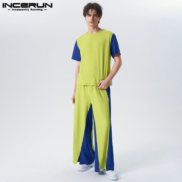 

men s tracksuits 2023 sets colorful patchwork loose short sleeve t shirt wide leg pants 2pcs streetwear fashion men casual suits incerun 230, Gray