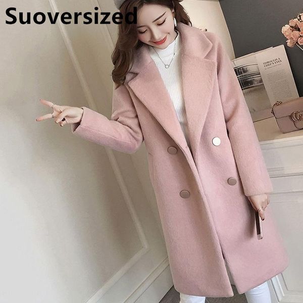 

fur women midlength warm woolen coats fall winter korean casual classic loose long overcoat oversized streetwear wool blend jackets, Black