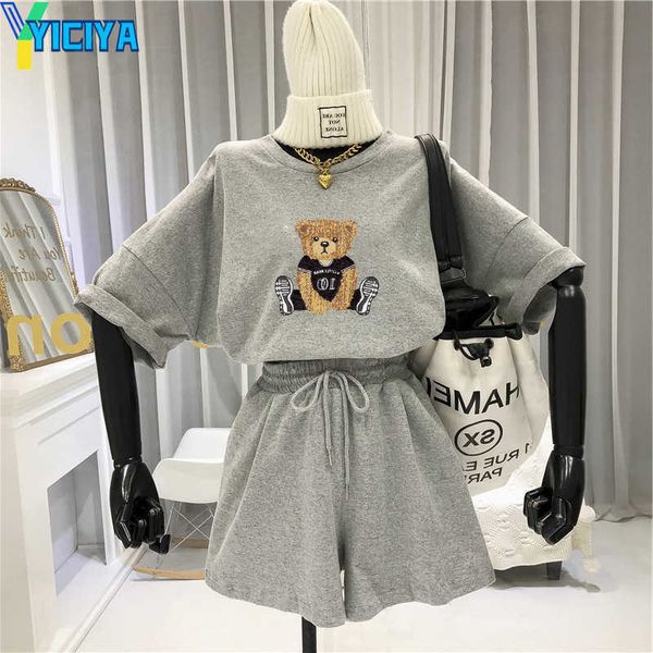 

yiciya womens tracksuits two piece pants women's leisure commuting sports suit cartoon printed short sleeve t-shirt women's wide l, Gray