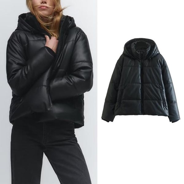 

leather traf winter new women black faux leather hooded parkas coat long sleeve zipper pockets thick warm outerwear female casual