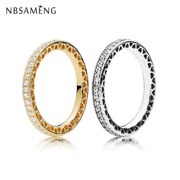 

cluster rings original 100% 925 silver ring pave sparkle & hearts charms diy crystal with pendant for women jewelry 20212441, Golden;silver