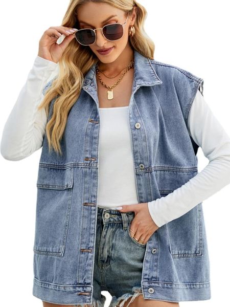 

vests women sleeveless solid button denim waistcoat vest, Black;white