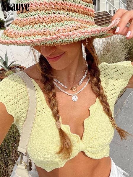 

t-shirt nsauye 2022 vintage y2k cut out knitted short sleeve v neck tshirt crop women summer clothes white basic tee female