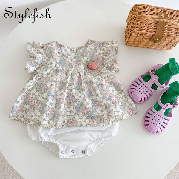 

rompers summer baby girl strawberry pastoral broken flower style girls clothes flying sleeve cute romper 230421, Blue