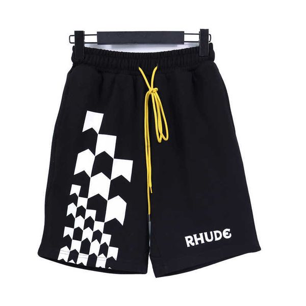 

designer clothing rhude high street trendy with checkerboard printed loose fitting sports terry men couples joggers sportswear, White;black
