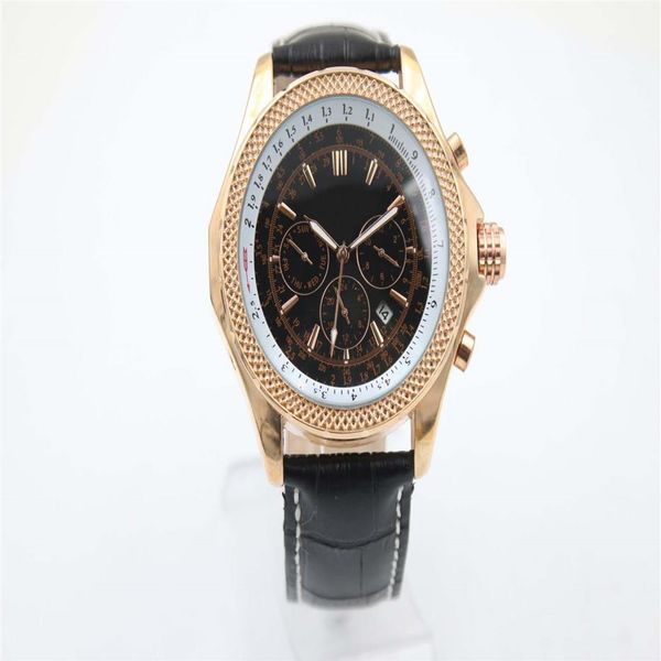 

good man automatic watch leather black dial 46mm gold case 1884 three hands calendar 40mm buckle268s, Slivery;brown