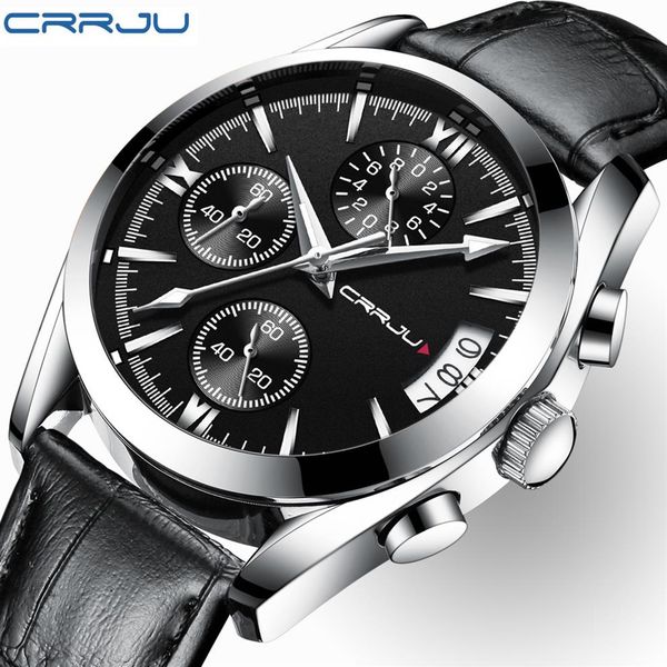 

crrju watch mens watches brand luxury men casual leather waterproof chronograph men sport quartz clock relogio masculino2362, Slivery;brown
