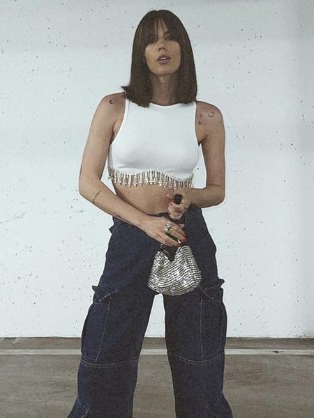 

tanks kbat 2022 women beaded tank beading glitter basic cotton t shirt vest summer shiny halter solid, Black;white