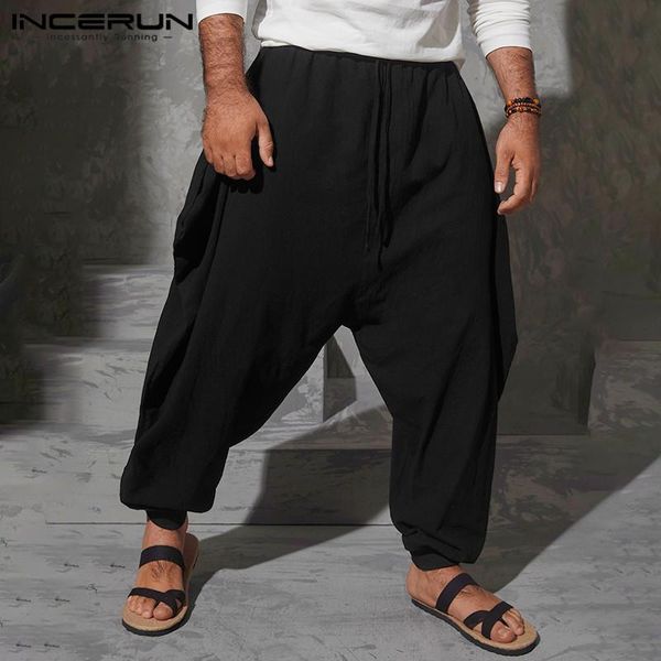 

pants incerun men casual pants solid color harem pants man drawstring drop crotch trousers loose cotton baggy pantalon streetwear 5xl, Black