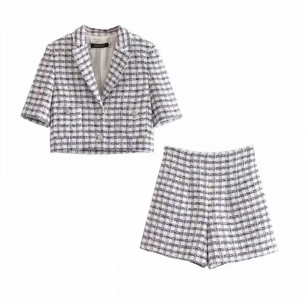 

pants xitimeao women summer tweed plaid blazers short coat vintage short sleeve female outerwear and high waist casual shorts, White
