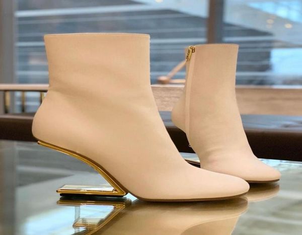

winter brand popular first women ankle boots white black nude nappa leather fshaped heels rounded toe goldcolored metal booties 4736961