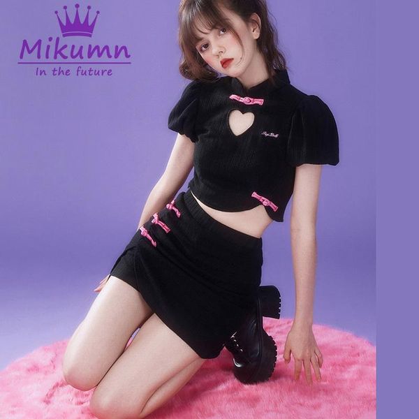 

dress harajuku chinese style cheongsam black skirt twopiece suits gothic girls hollow out love puff sleeve high waist mini skirt sets, White