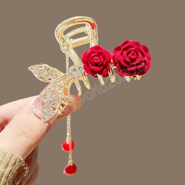 

trendy elegant rose flower fishtail hair clip diamond hairclip pearl tassel clip ponytail claw hair accessories for women, Golden;silver