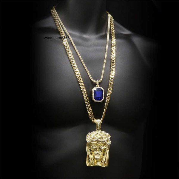 

hip hop golden crowned jesus head pendant iced out square gem crystal necklace set cuban chain, Silver