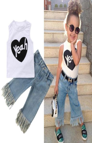 

fashion toddler baby kids designer clothes girls vest 2pcs t shirt jeans denim pants outfits set casual pop clothes 15y by143519835, White