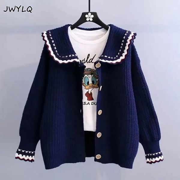 

sweaters new sweet peter pan collar hit color singlebreasted cardigan women 2022 autumn loose knitted sweater casual basic women sweater, White;black