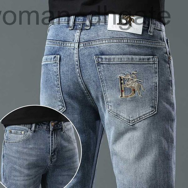 

men's jeans designer 2023 summer light jeans men's slim fit feet elastic fashion brand printed fashion pants hi5q, Blue